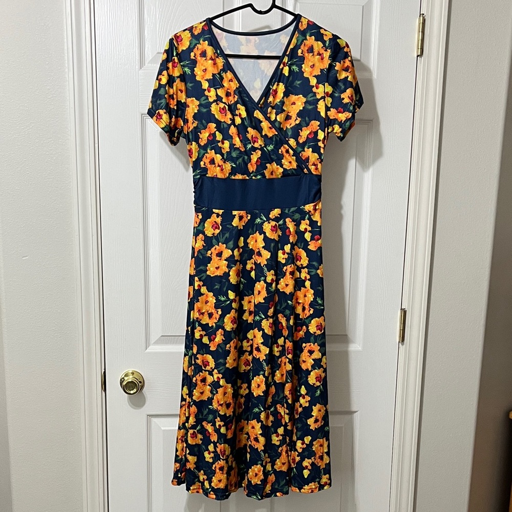 Floral V-Neck Dress in Navy and Yellow